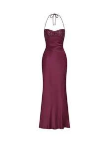 2026 New Arrival Women's European American Summer Dress - Sexy Strapless Sequin Satin Solid Color Backless Tie Hip-Hugging Long Dress - 紫色 - 查看 5