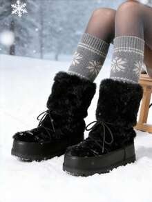 Women's Winter Furry Snow Boots Lace Up Round Toe Platform Boots Punk Goth Warm Fur Winter Snow Outdoor Shoes For Women - 黑色 - 查看 3