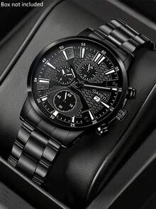 4-Piece Stylish Business Men's Watch Set, Including 1 Black Dial Quartz Watch With Black Strap, 1 Black Geometric Pattern Leather Wallet, 1 Business Pen, And 1 Keychain. The Overall Style Is Steady And Sturdy, Showcasing Fashionable Charm. Suitable For New Year's Office Commute, Business Meetings, Daily Outings, And Other Professional Occasions. - Black - View 2