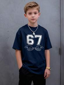 Tween Boys Casual Printed Crew Neck Short Sleeve T-Shirt, Summer Top - Navy Blue - View 9
