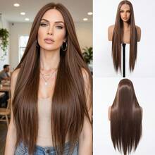 Elegant Brown Lace Front Wig For Women - Natural Look, Heat Resistant Synthetic Fiber, Long Straight Hair, 13x4 Lace Area, Suitable For Daily Wear And Parties, Valentine's Day Use, Synthetic Lace Front Wig - Brown - View 11