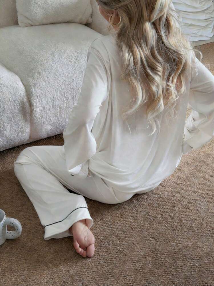 Nina Bonheur 2 pezzi Set pigiama da donna con colletto a tacca e maniche lunghe - Pigiama e abbigliamento da relax comodo e casual - Bianco - Visualizzare 5
