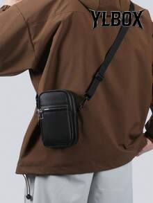 男士新款运动单肩包，休闲多功能轻便通勤背包，带手机袋，格子图案背包，情人节礼物 - 黑色 - 查看 1