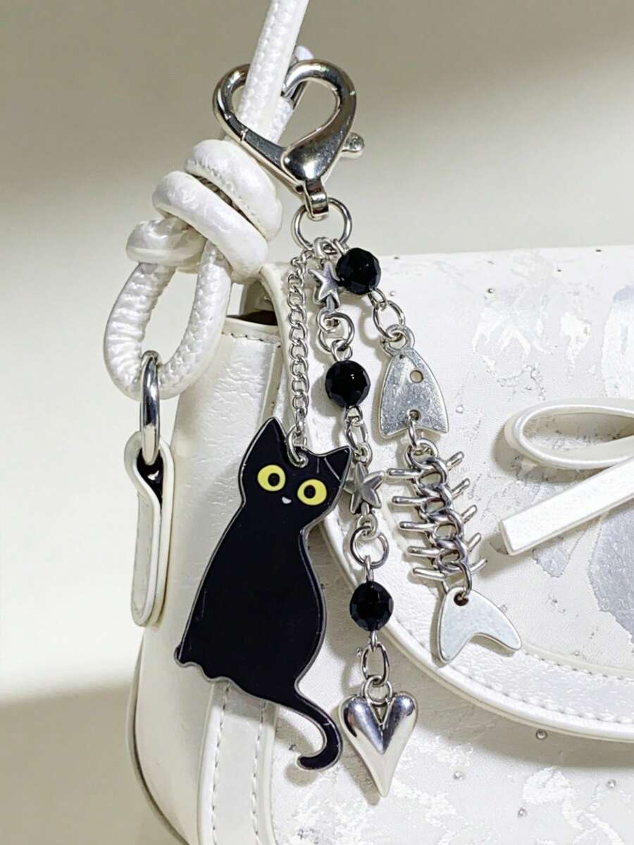 Street-Style Minimalist, Personalized, And Cool Acrylic Cat And Fish Bone Pendant, Handmade Beaded Keychain - Silver - View 1