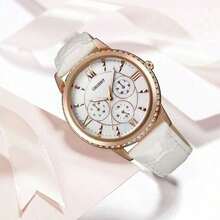 Orient Women's Luxury Rose Gold Crystal Edged Watch, Elegant White Leather Band Multi-Function Wristwatch, FSW03002W0 - White - View 2