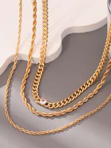 Set de 3 collares de cadena de cuerda retorcida con incrustaciones de cobre multicapa, collar único de alta gama, cadena de suéter - Amarillo Oro - Ver 5