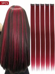 5pcs Colorful Clip-In Hair Extensions, 20-Inch Straight Synthetic Hair Clips For Party Costume, Christmas Or New Year Gift For Girls (Wine Red) - 酒紅色 - 查看 1