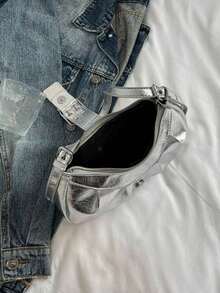 1 pieza Bolso de hombro/axila de mujer de gran capacidad, de cuero sintético suave con efecto ombré, decorado con remaches, estilo vintage motero punk, con correa ajustable, adecuado para trabajo, viajes, citas, fiestas - Plateado - Ver 8