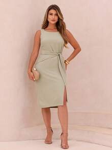 Dress With A Sophisticated Drape And A Front Knot. - 鼠尾草綠 - 查看 3