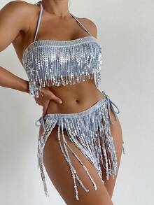 Ms. Tassel Sequined Bikini Two-Piece Swimsuit - 銀色 - 查看 1