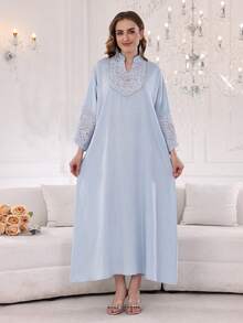 2026 New Style Ramadan Traditional Elegant Embroidered Beaded Dress, Modest Arabic Women's Dress With Small Stand Collar And V-Neck, Blue - Blue - View 6