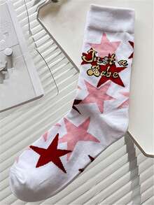 1双儿童/青少年吸湿透气红色星星字母图案袜子，返校季 - 粉色 - 查看 6