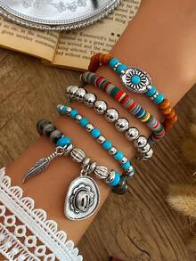 VKME 4/5 Pcs Material Turquoise Bowknot Cactus Boots, Hat, Leaf Elephant Head Pendant Bracelet - Turquoise - View 5