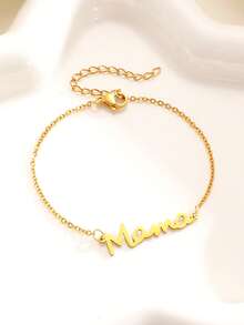 Minimalist Fashion Stainless Steel Jewelry Set, "Mom" Letter Pendant Necklace And Bracelet, Perfect Mother's Day Gift, Jewelry Accessories - Gold - View 9