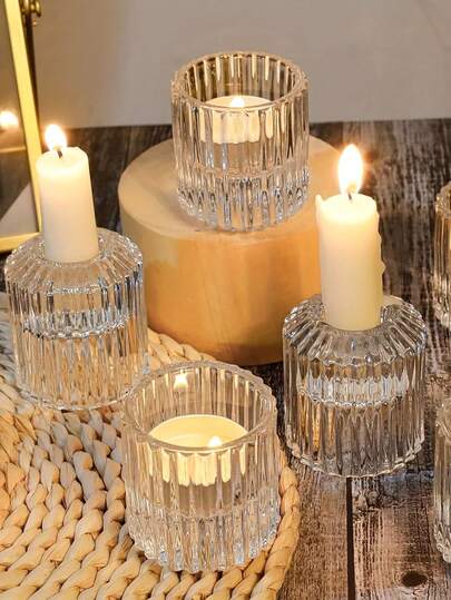 1 حامل شمعة زجاجي شفاف مخطط عموديًا، كوب شمعة 2 في 1 للشموع وشموع الشاي، يخلق ديكور رومانسي على الطاولة، قطعة مركزية، حفلة موضوعية، ديكور عطلة، ديكور منزلي داخلي