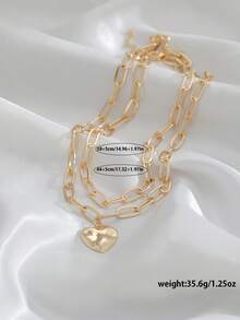 2pcs Copper Ins Hip Hop Metal Style Necklace, Double Layer Collarbones Chain With Zirconia Heart Pendant, For Men - Yellow Gold - View 5