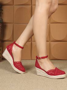 Giày sandal nữ đế xuồng bằng vải lanh, dây thừng, ren, khoét lỗ, mũi tròn, kiểu dáng casual, thoáng khí, gót dày, kiểu sandal ngư dân, đa năng. - Đỏ - Xem 2