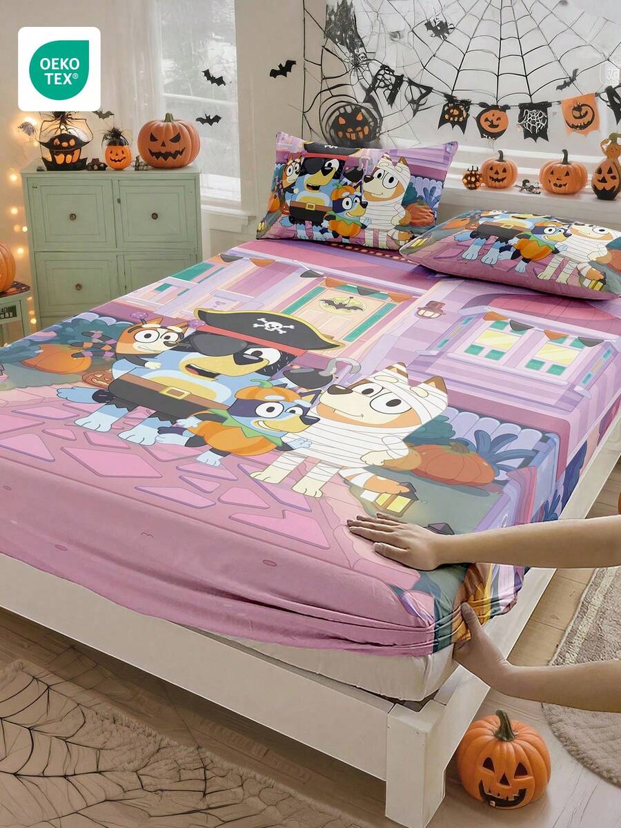 Bluey Halloween Digital Print Bedsheet, Bluey Bedding, Mattress Protector, Bed Cover, Fitted Sheet, Autumn Decor, Comfortable Home Textile, Breathable Anti-Pilling Mattress Protector, Soft Skin-Friendly Cartoon Pattern Bed Cover, Decorative - Multicolor - View 1