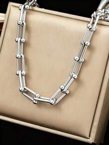 1pc Stainless Steel Chain Necklace, Casual & Versatile Accessory - Yellow Gold - View 9