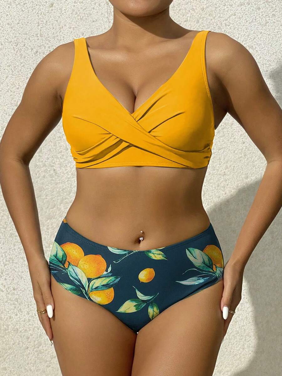 女士度假性感纯色比基尼套装带水果印花和三角泳裤夏季 - 黃色 - 查看 1