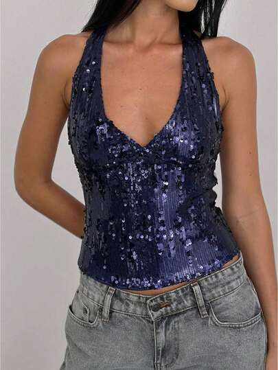 Womens Sequin Halter Neck Tank Tops Y2k Summer Solid Color Slim Fit Deep V Neck Crop Tops Backless Sleeveless Vest Going Out Party Wear