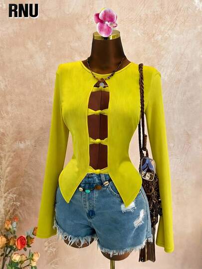  RNU加大码女式优雅性感音乐节百搭时尚设计纯色罗纹面料户外派对音乐节返校镂空精致设计柔软舒适纯色罗纹面料女式喇叭袖修身T恤