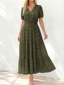 Women's Boho Maxi Dress, Summer Short Sleeve V-Neck Floral Flowy A-Line Long Dress, Formal For Wedding Guest & Baby Shower - xanh quân đội - Xem 2