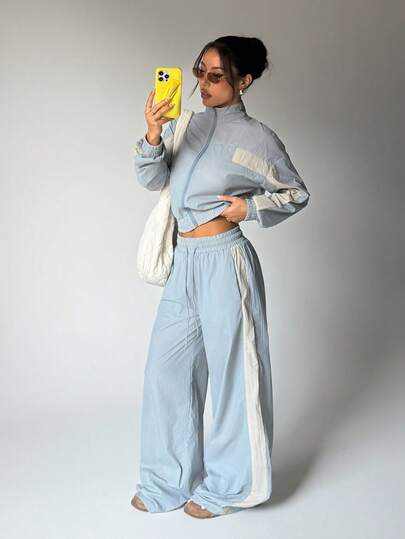 1 Set Vintage Style Stand Collar Zip-Up Jacket + Wide Leg Pants, Fashion Versatile