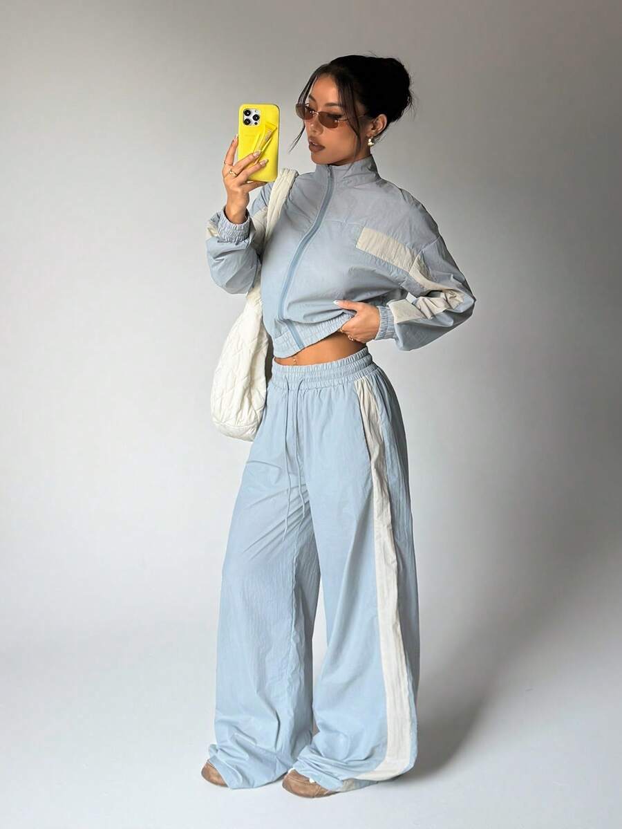 Bộ 1 áo khoác cổ đứng khóa kéo kiểu vintage + quần ống rộng, thời trang đa năng mùa xuân. - Màu xanh nhạt - Xem 1