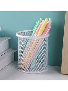 1个创意化妆刷收纳架，桌面化妆品、美甲笔、办公及学生用品收纳盒，多功能方形/圆形金属网状笔筒 - 彩色 - 查看 6