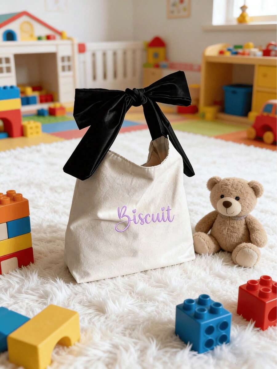 Customized Embroidered Name Children's Canvas Tote Bag, Cute Bow Handbag, Personalized Mini Purse For Girls, Fashion Kids Wallet, Birthday Gift, Party Favor Bag - Multicolor - View 1