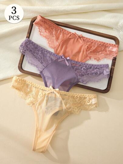 3pcs Women's Underwear, Thin, Sexy, Fashionable And Comfortable Panties French Lace Thongs With Bow Decor , Suitable For Valentine's Day