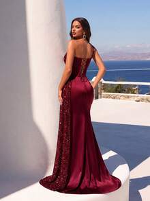 女士优雅亮片拼接高腰长缎带露背长款派对礼服，适合舞会、生日派对、正式晚宴、约会、返校节、婚礼宾客、正式晚宴、家庭聚会等场合，也适合情人节等春季穿着。 - 酒紅色 - 查看 2