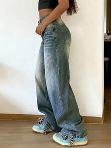 Women's Vintage Loose Stacked Straight Leg Jeans Casual Spring - Navy Blue - View 5