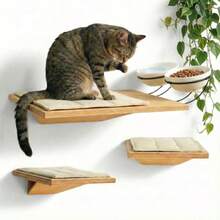 Wall Mounted Cat Shelves With Elevated Ceramic Feeding Station Scandinavian Floating Design Solid Plywood Two Climbing Steps With Cotton Mats Modern Cat Wall Furniture Set 300 Ml Bowls - Light Wood - View 1