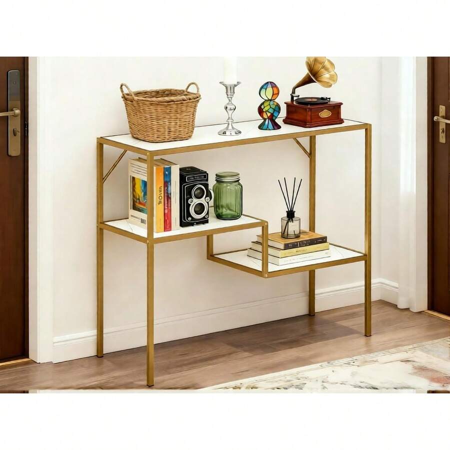 MXDESIKU Diseño Sencillo de 3 Niveles, Estante de Almacenamiento Dorado, Ideal para Sala de Estar, Pasillo, Cocina y Dormitorio (Blanco, 82 * 80 * 34cm) - Blanco - Ver 1