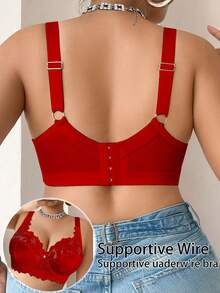 Plus Size Women Fashion Lace Patchwork Underwire Bra - Red - View 7