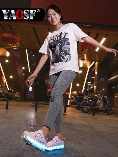 YAOSF Rullskridskor för barn och tonåringar, uppgraderad version med förbättrad stabilitet, avtagbara sportskor med dubbel användning, coola rullskridskoskor för gatan, självlysande utomhussportskor, föräldra-barnskor, nya rullskridskor, självlysande skor med ljus på natten, USB-laddningsbara rullskridskoskor