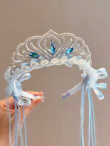 1个蓝色儿童发夹皇冠 - 梦幻冰雪奇缘童话头饰 - 甜美公主发夹，适合小女孩，配有飘逸丝带和丝绸皇冠发箍 - 藍色 - 查看 7
