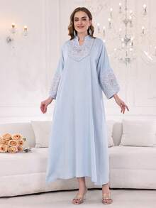 2026 New Style Ramadan Traditional Elegant Embroidered Beaded Dress, Modest Arabic Women's Dress With Small Stand Collar And V-Neck, Blue - Blue - View 7