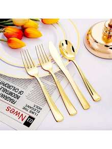 100/50/25/10pcs Gold Cutlery Set, Including Cake/Salad Forks, Spoons, Reusable Plastic Tableware, Suitable For Home, Restaurant, Wedding, Outdoor, Birthday, Party, Holiday Gathering, Personalized Gift, Valentine's Day, Celebration Party, Kitchen & Dining, Kitchenware Set - Gold - View 8