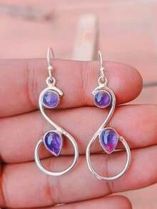 一对优雅时尚的创意抽象天鹅造型紫色仿宝石吊坠耳环，适合女性日常佩戴，精致珠宝礼品。 - 銀色 - 查看 1