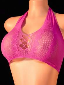 两件套女士性感内衣套装，露背吊带镂空上衣搭配迷你裙，轻薄透气，聚拢舒适，贴身睡衣套装 - 玫瑰紅 - 查看 5