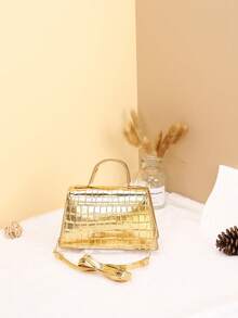 1pc Metallic PU Crocodile Embossed Handbag, Fashionable Elegant Shiny Gold/Silver Eid Gift, Eid Mubarak Accessory Crossbody Bag - Metallic Gloss - View 4