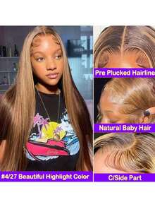 ZHENDEFA 360度蕾丝前假发，4/27蜂蜜金挑染蕾丝前假发，透明高清蕾丝前假发，预拔发际线，女士无胶蕾丝前假发 - S4/27 - 查看 5