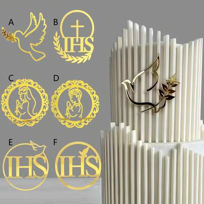 6pcs Gold Acrylic Cake Decorations Set, IHS Mary Design Cake Toppers, Suitable For Christening, Communion Party Decor