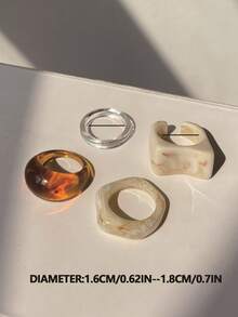 4件套优雅简约时尚透明琥珀色和米色树脂几何戒指套装，女士日常佩戴饰品 - 彩色 - 查看 4