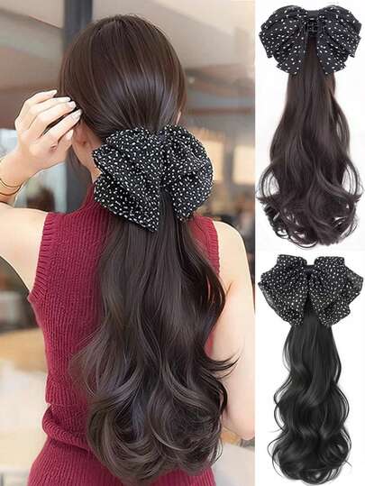 Wavy Ponytail Clip-On Hair Extensions, Korean Style Net Bow Fluffy Fake Hair Braid Ponytail (Slight Wear, Scratches, And Glue Residue On The Clip Are Normal)