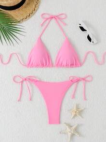 Bộ bikini tam giác màu trơn dành cho nữ, có dây đeo vai và dây buộc phía sau, thích hợp cho kỳ nghỉ hè, đi biển, màu hồng. - Hồng - Xem 2