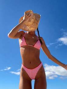 PEPPERMOLLY Red Gingham Halter Bikini Set, Retro Swimsuit With Ruffled Triangle Top & Cheeky Bottoms For Women - Red and White - View 6